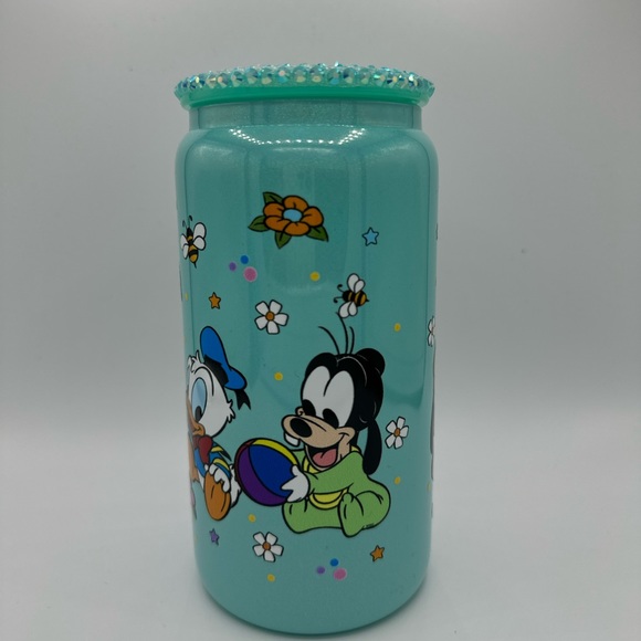 BABY MICKEY & FRIENDS 16oz shimmer LIBBEY glass cup w/ rhinestone lid and straw - Picture 4 of 4